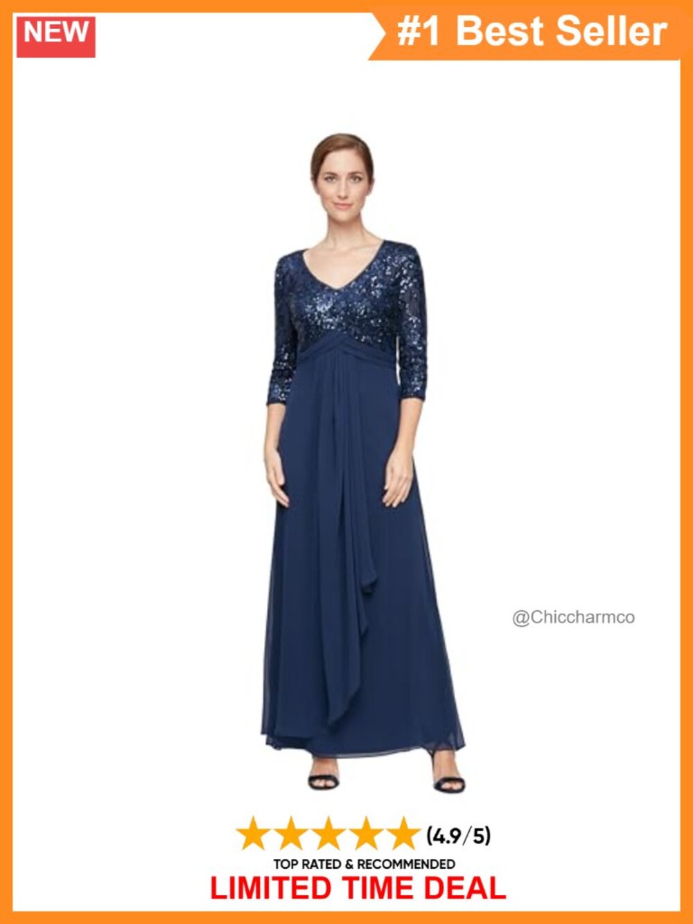 Long Lace Top Empire Waist Formal Gown Chiffon Dress